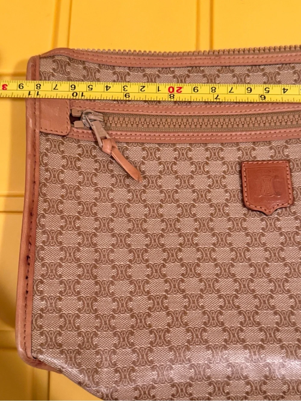 Vintage Celine Brown Large Monogram Cosmetic Pouch Bag COA